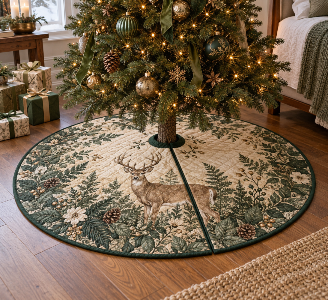 Elegant Deer & Fern Christmas Tree Skirt - Nature-Inspired Holiday Tree Base Decor, Rustic Woodland Farmhouse Accent
