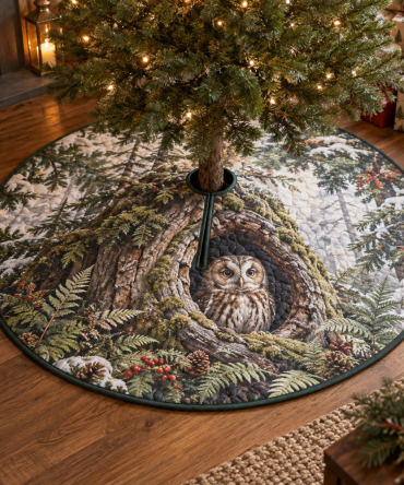 Handcrafted Owl Hollow Christmas Tree Skirt - Cozy Reading Nook Woodland Holiday Tree Base Decor For Rustic Homes