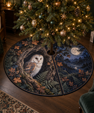 Owl Hollow Statement Tree Skirt — Bold Woodland Centerpiece For Holiday Entertaining, Eye-Catching Owl Design With Premium Feel