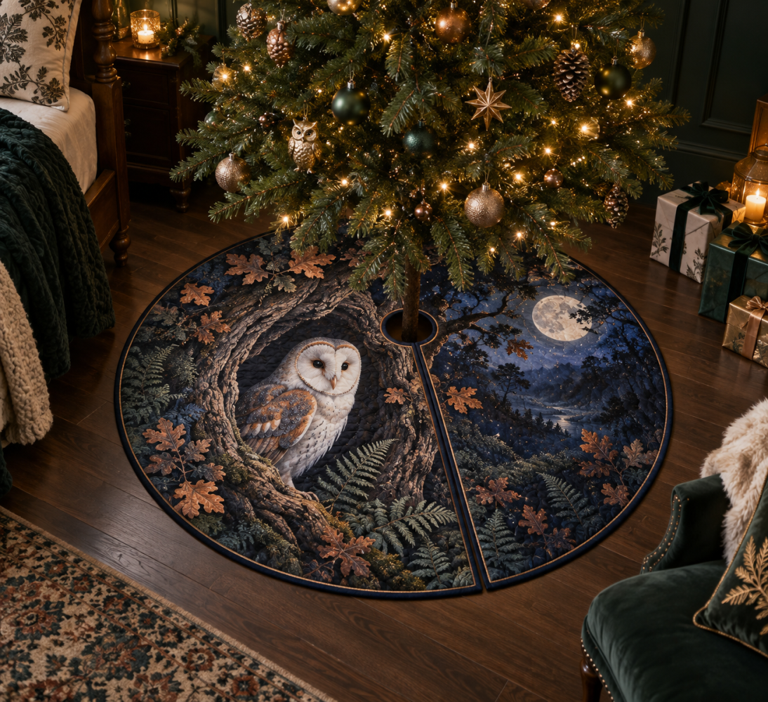 Owl Hollow Statement Tree Skirt — Bold Woodland Centerpiece For Holiday Entertaining, Eye-Catching Owl Design With Premium Feel