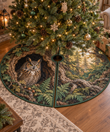 Owl Hollow Living Room Tree Skirt — Classic Woodland Holiday Mat For Family Gatherings, Durable Owl-Themed Christmas Base