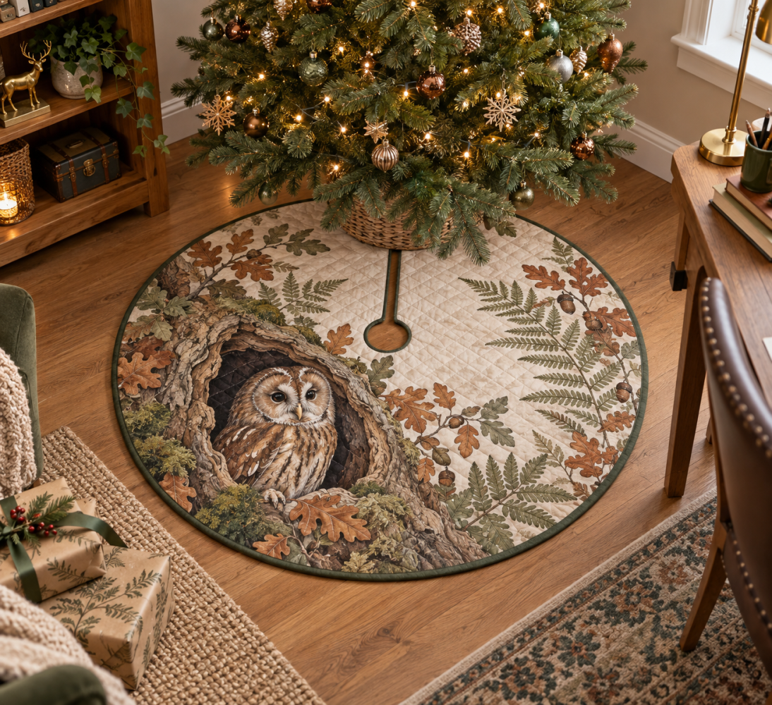 Owl Hollow Home Office Tree Skirt — Professional Yet Cozy Holiday Accent For Workspaces With Charming Owl Illustration