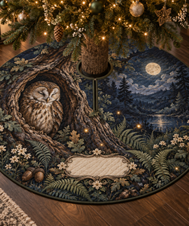 Owl Hollow Quiet Corner Tree Skirt — Subtle Woodland Holiday Accent For Cozy Spaces, Soft Neutral Owl-Themed Decor