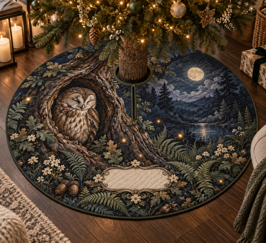 Owl Hollow Quiet Corner Tree Skirt — Subtle Woodland Holiday Accent For Cozy Spaces, Soft Neutral Owl-Themed Decor