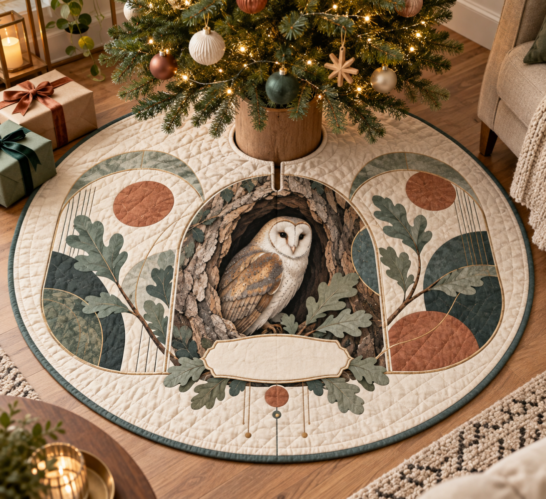 Owl Hollow Apartment Gallery Tree Skirt — Stylish Compact Holiday Mat For Urban Spaces, Modern Rustic Owl-Themed Decor