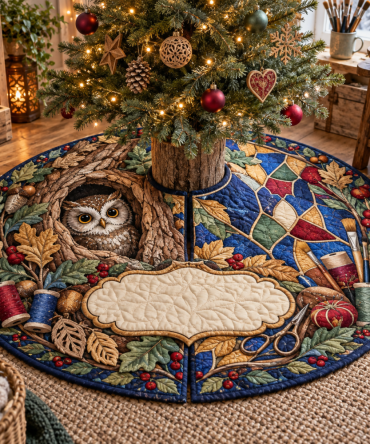 Owl Hollow Hobby Studio Tree Skirt — Creative Workshop Holiday Decor With Cute Owl Design, Durable Mat For Craft Rooms