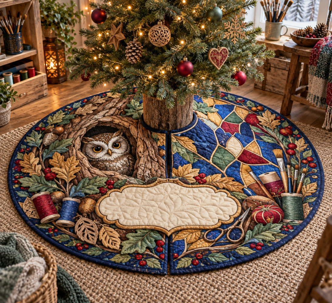 Owl Hollow Hobby Studio Tree Skirt — Creative Workshop Holiday Decor With Cute Owl Design, Durable Mat For Craft Rooms