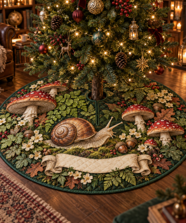Cozy Snail & Toadstool Reading Nook Tree Skirt — Small Holiday Mat For Book Corners, Warm Cottagecore Christmas Accent