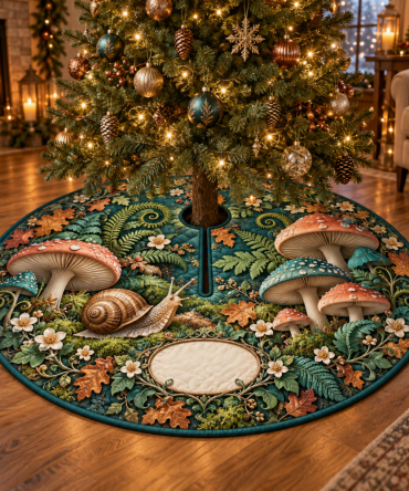 Rustic Snail & Toadstool Living Room Tree Skirt — Large Woodland Holiday Mat For Family Rooms, Durable Cottage Christmas Accent