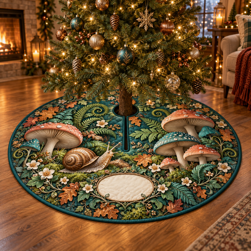 Rustic Snail & Toadstool Living Room Tree Skirt — Large Woodland Holiday Mat For Family Rooms, Durable Cottage Christmas Accent
