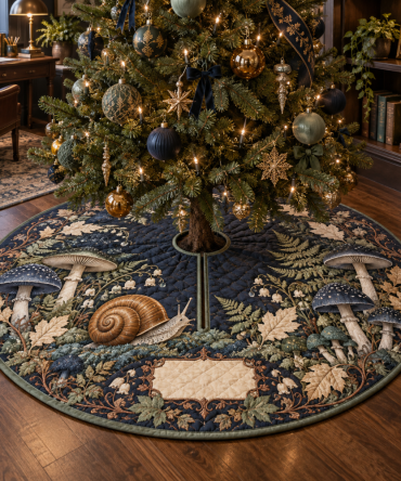 Playful Snail & Toadstool Home Office Tree Skirt — Petite Holiday Decor For Workspaces, Cute Desk-Area Christmas Accent