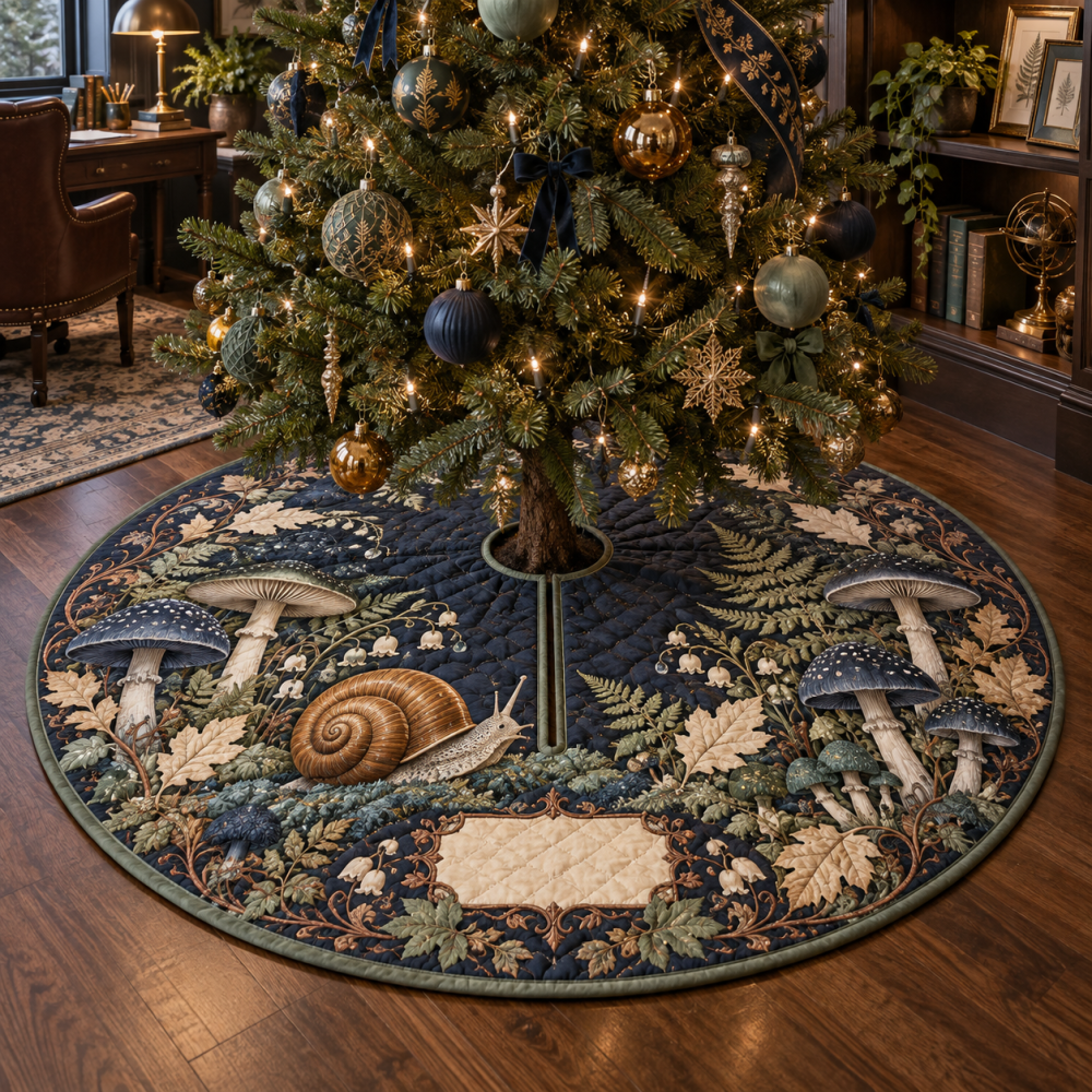 Playful Snail & Toadstool Home Office Tree Skirt — Petite Holiday Decor For Workspaces, Cute Desk-Area Christmas Accent