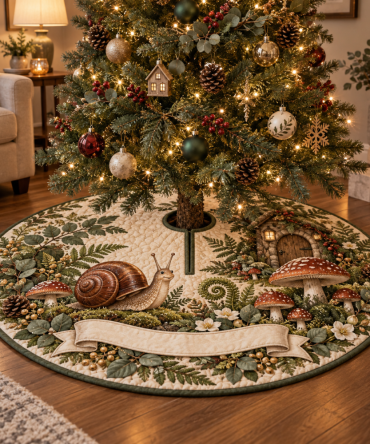 Charming Snail & Toadstool Housewarming Tree Skirt — Cozy Holiday Statement Piece For New Homes, Soft Cottagecore Christmas Decor