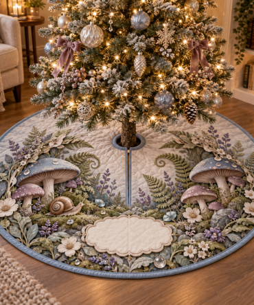 Whimsical Snail & Toadstool Christmas Tree Skirt — Soft Woodland Holiday Decor For Quiet Corners, Wrap-Around Easy Care Accent