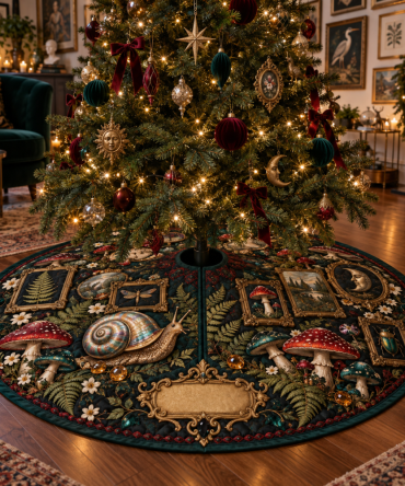 Snail Toadstool Gallery Wall Tree Skirt — Artistic Small-Space Tree Base Cover With Storybook Illustrations For Display Walls