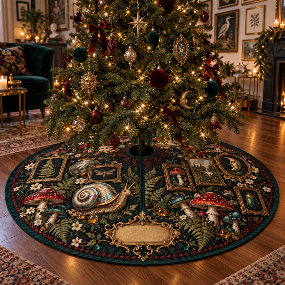 Snail Toadstool Gallery Wall Tree Skirt — Artistic Small-Space Tree Base Cover With Storybook Illustrations For Display Walls