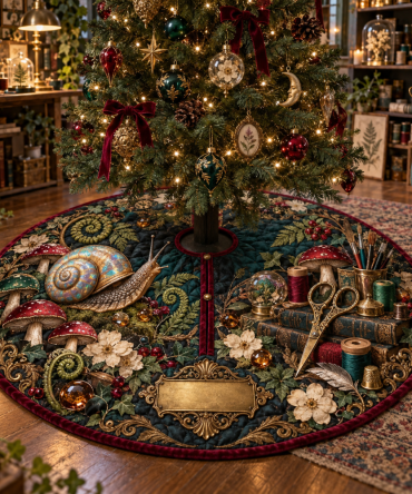 Snail Toadstool Hobby Studio Tree Skirt — Creative Garden-Themed Base Mat For Crafting Corners, Potting Benches & Artistic Spaces