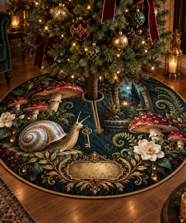 Snail & Toadstool Host Thank-You Tree Skirt — Whimsical Woodland Guest Gift, Cute Garden-Themed Christmas Tree Base Cover