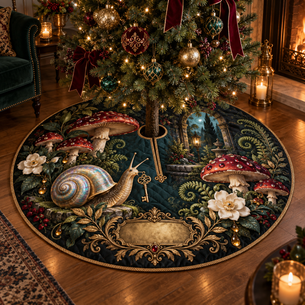 Snail & Toadstool Host Thank-You Tree Skirt — Whimsical Woodland Guest Gift, Cute Garden-Themed Christmas Tree Base Cover