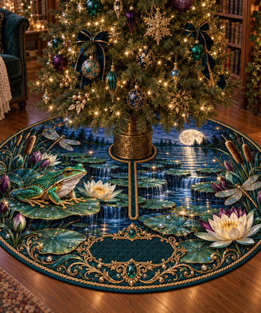 Moonlit Frog Pond Reading Nook Tree Skirt — Midnight Green Holiday Tree Base Mat With Dreamy Nightscape For Cozy Corners
