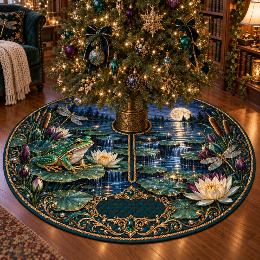 Moonlit Frog Pond Reading Nook Tree Skirt — Midnight Green Holiday Tree Base Mat With Dreamy Nightscape For Cozy Corners