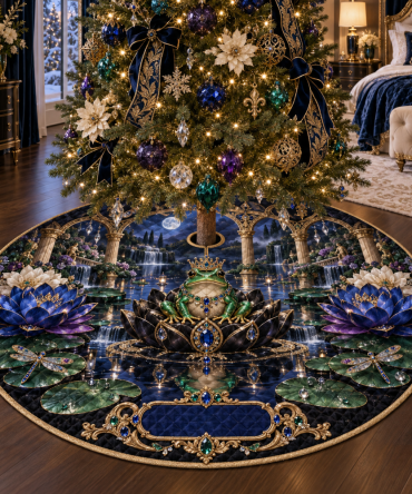 Regal Frog Pond Bedroom Statement Tree Skirt — Opulent Green & Gold Holiday Base Cover For Master Suites & Statement Decor