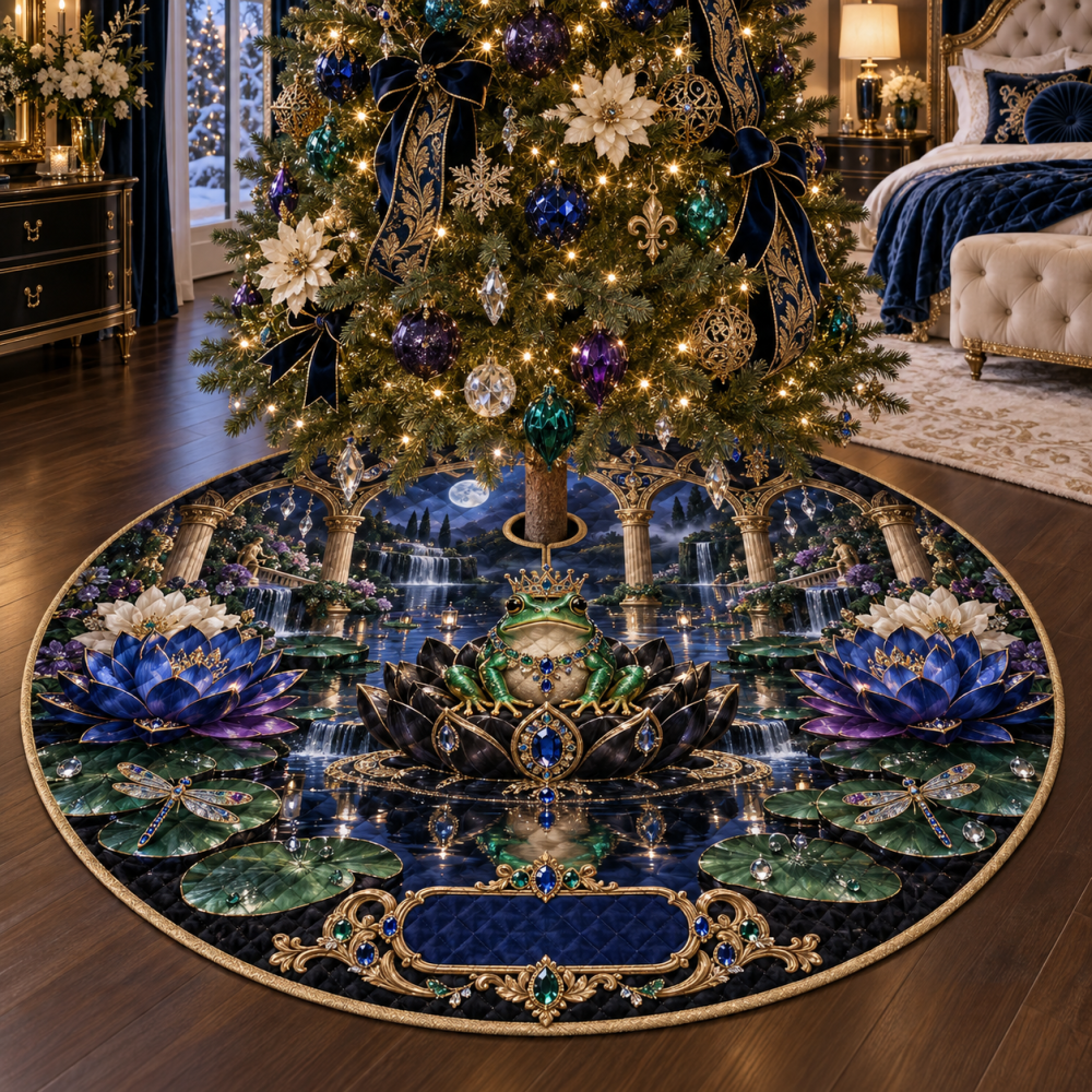 Regal Frog Pond Bedroom Statement Tree Skirt — Opulent Green & Gold Holiday Base Cover For Master Suites & Statement Decor