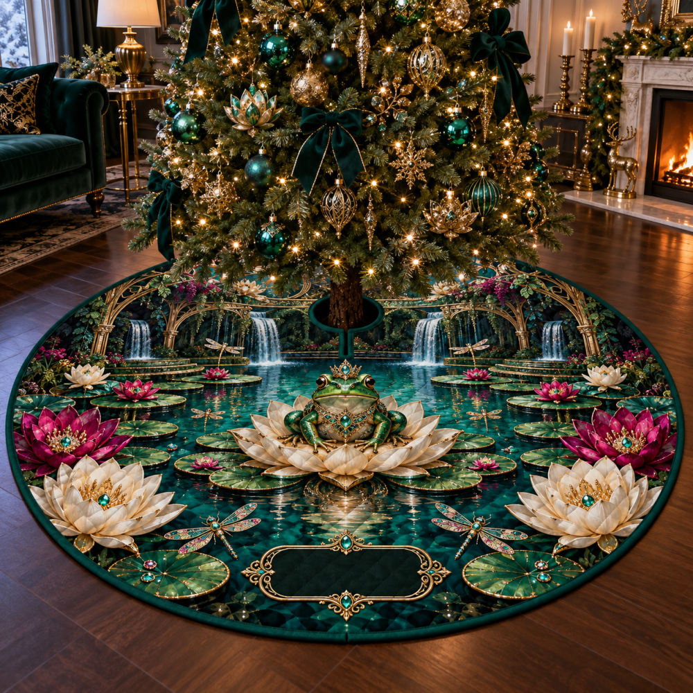 Emerald Frog Pond Living Room Tree Skirt — Luxurious Green Holiday Tree Base Cover For Elegant Living Spaces & Seasonal Displays