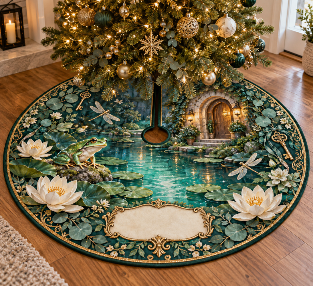 Personalized Frog Pond Housewarming Tree Skirt — Custom Name Holiday Tree Base Cover, Unique Moving-In Gift For New Homes