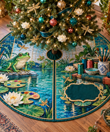 Frog Pond Hobby Studio Tree Skirt — Artistic Green Christmas Tree Base Cover For Craft Rooms, Studios & Creative Spaces