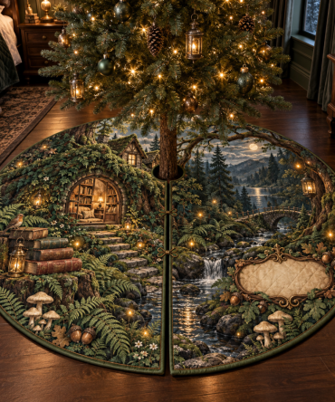 Woodland Cottage Bedroom Statement Tree Skirt — Bold Woodland Print Christmas Skirt, Reversible & Soft For Stylish Bedroom Holiday Displays
