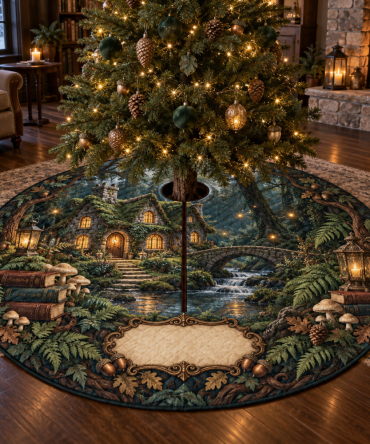 Woodland Cottage Living Room Tree Skirt — Classic Rustic Holiday Base Skirt, Reversible Woodland Design For Family-Focused Spaces