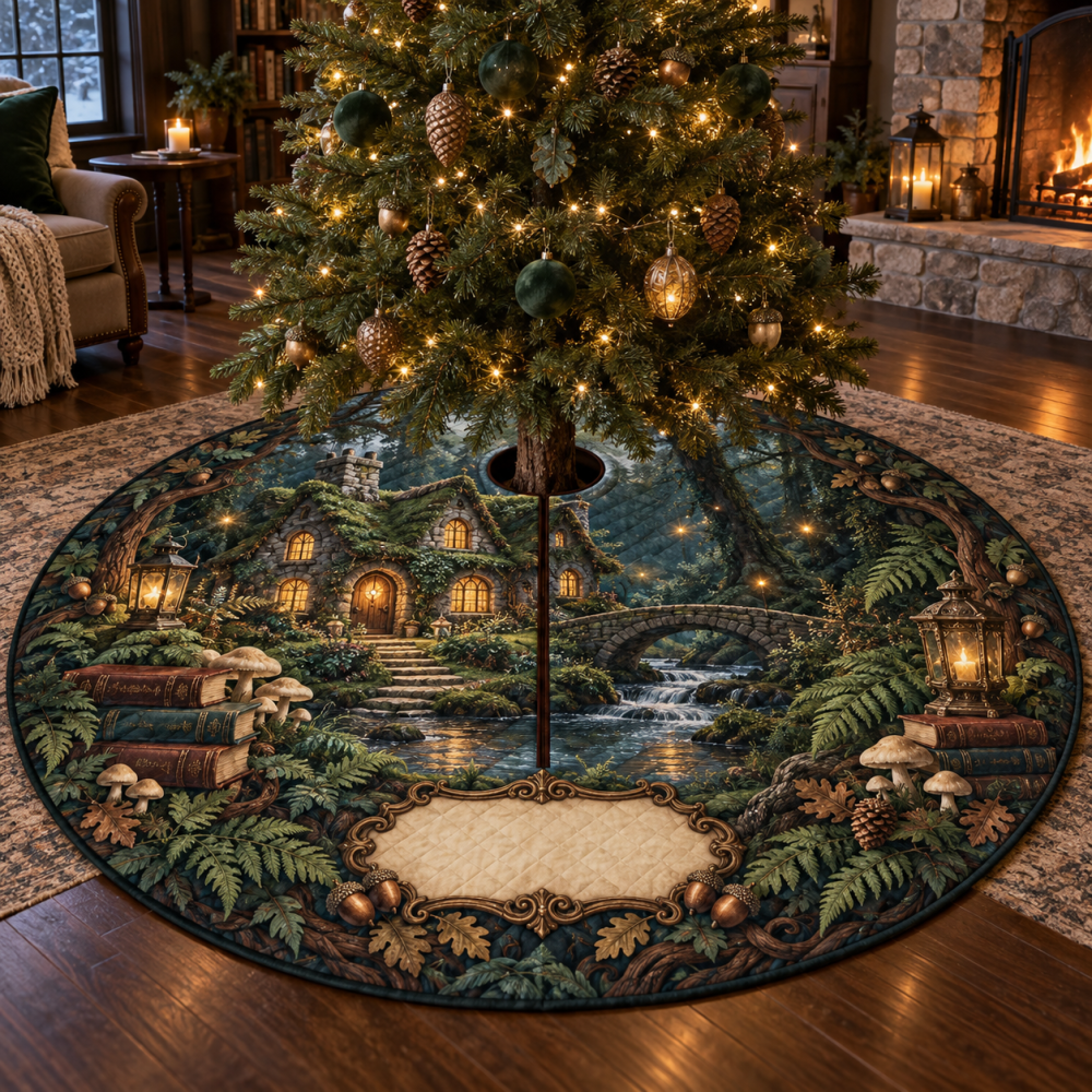 Woodland Cottage Living Room Tree Skirt — Classic Rustic Holiday Base Skirt, Reversible Woodland Design For Family-Focused Spaces
