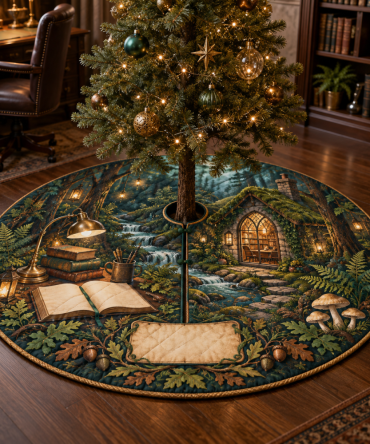 Woodland Cottage Home Office Tree Skirt — Professional Rustic Holiday Skirt For Workspaces, Reversible & Protective For Floors