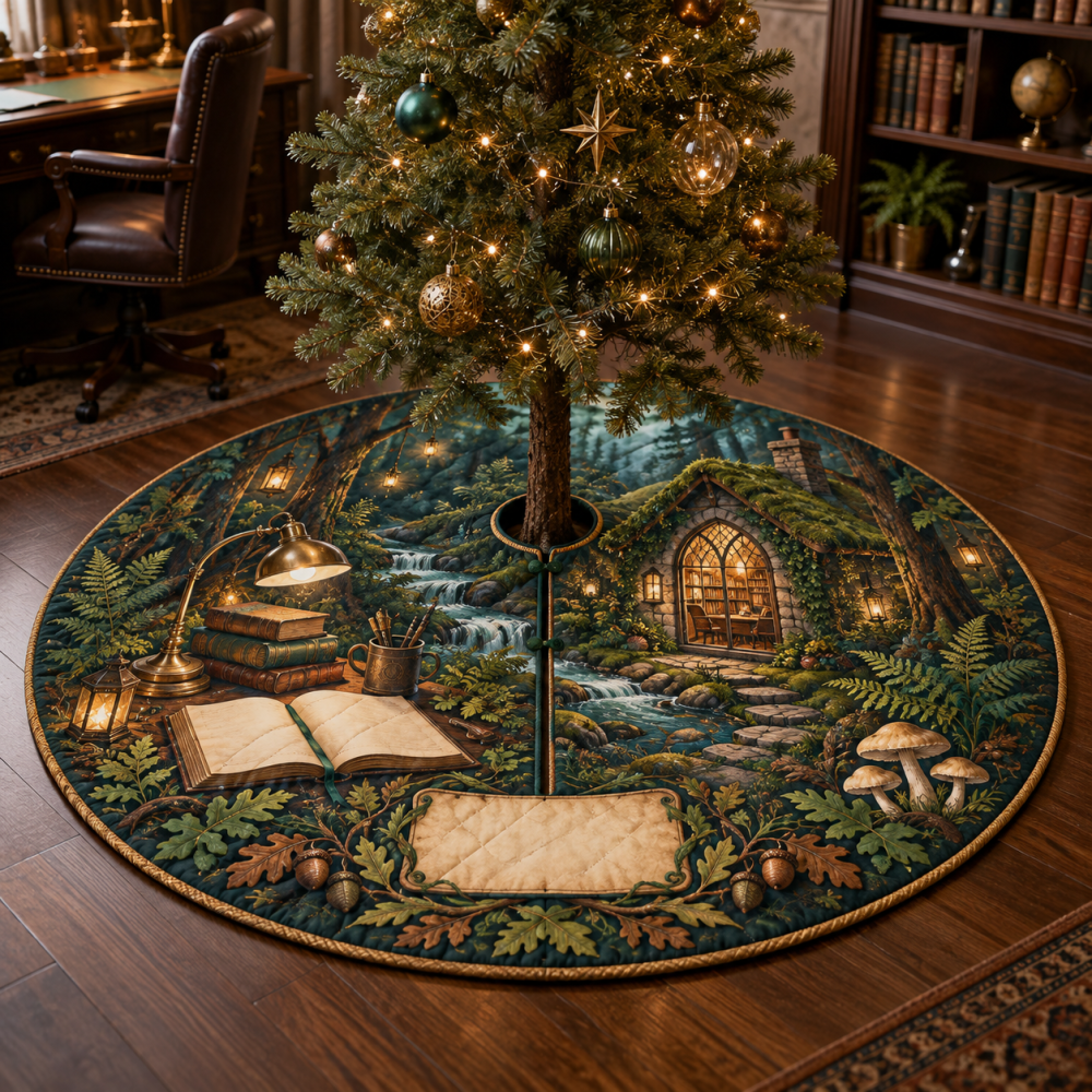 Woodland Cottage Home Office Tree Skirt — Professional Rustic Holiday Skirt For Workspaces, Reversible & Protective For Floors