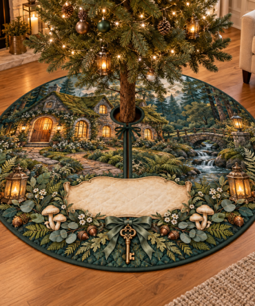 Woodland Cottage Housewarming Tree Skirt — Charming Rustic Welcome Skirt For New Homes, Reversible Berry & Forest Motif For Holiday Gifting