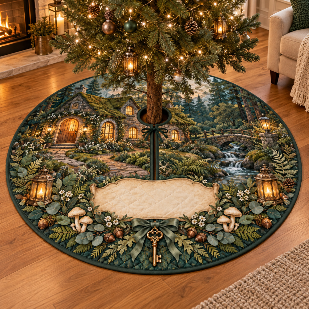 Woodland Cottage Housewarming Tree Skirt — Charming Rustic Welcome Skirt For New Homes, Reversible Berry & Forest Motif For Holiday Gifting