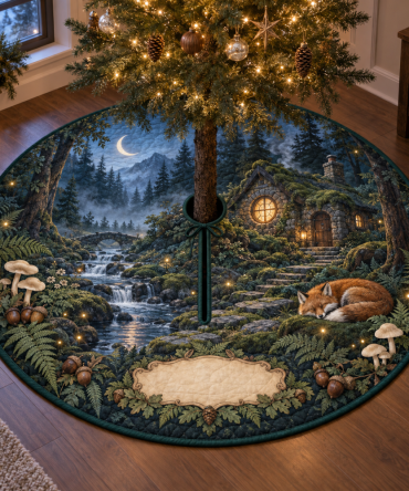 Woodland Cottage Quiet Corner Tree Skirt — Serene Woodland Print Christmas Skirt, Reversible & Floor-Friendly For Cozy Nooks