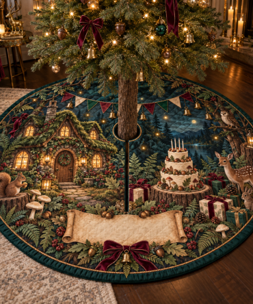Woodland Cottage Birthday Tree Skirt — Festive Woodland Birthday-Themed Holiday Skirt, Reversible & Soft For Party-Ready Trees