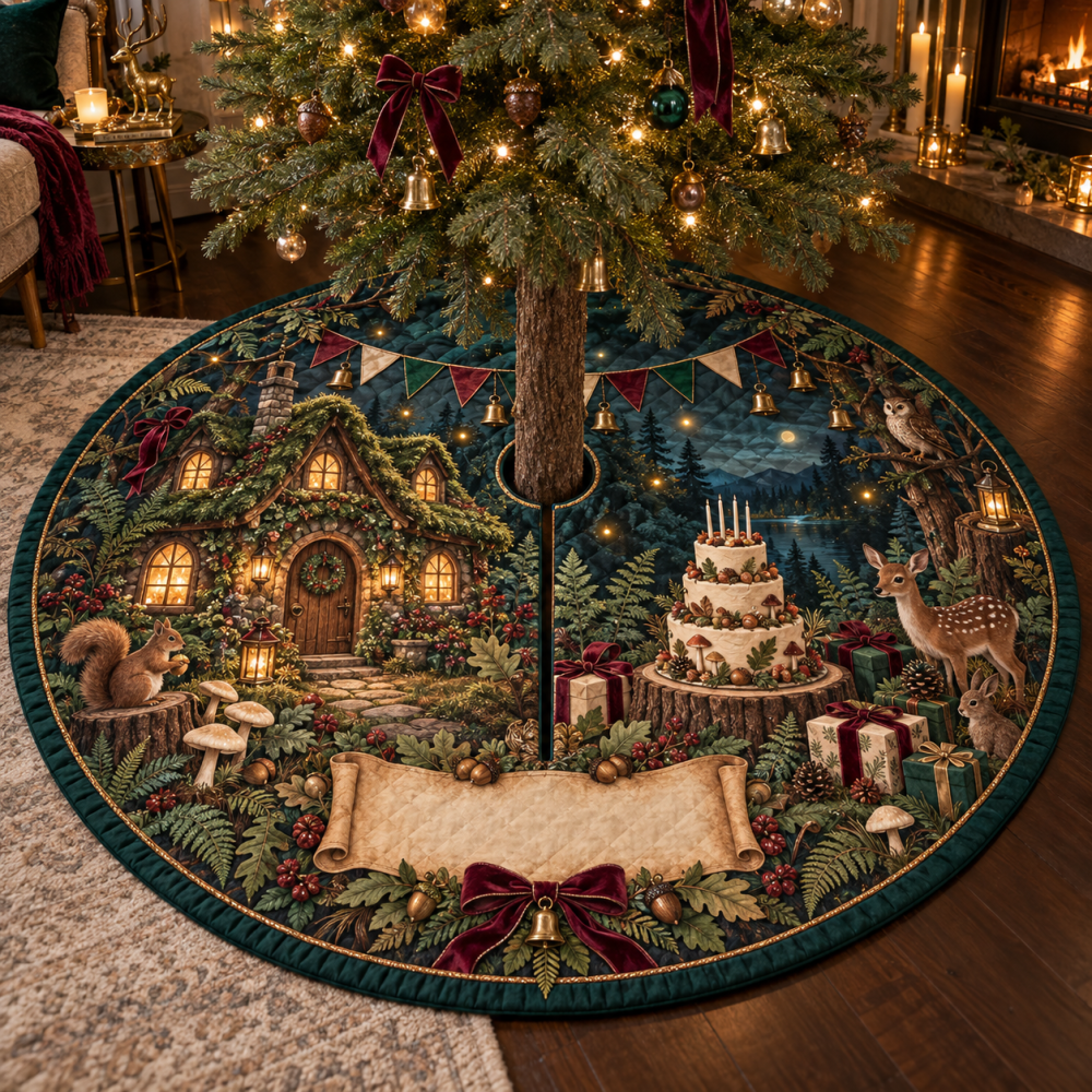 Woodland Cottage Birthday Tree Skirt — Festive Woodland Birthday-Themed Holiday Skirt, Reversible & Soft For Party-Ready Trees