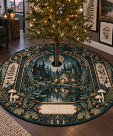 Woodland Cottage Gallery Wall Tree Skirt — Artful Woodland Print Christmas Skirt For Display Walls, Reversible & Protective Base Mat