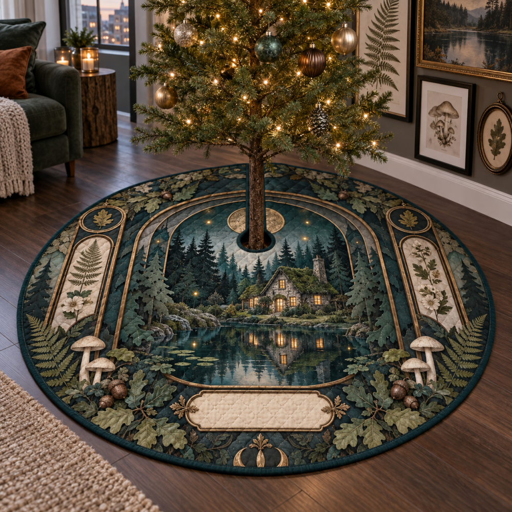 Woodland Cottage Gallery Wall Tree Skirt — Artful Woodland Print Christmas Skirt For Display Walls, Reversible & Protective Base Mat