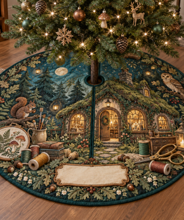 Woodland Cottage Maker Studio Tree Skirt — Crafty Rustic Christmas Skirt For Creative Spaces, Reversible & Floor-Safe Design