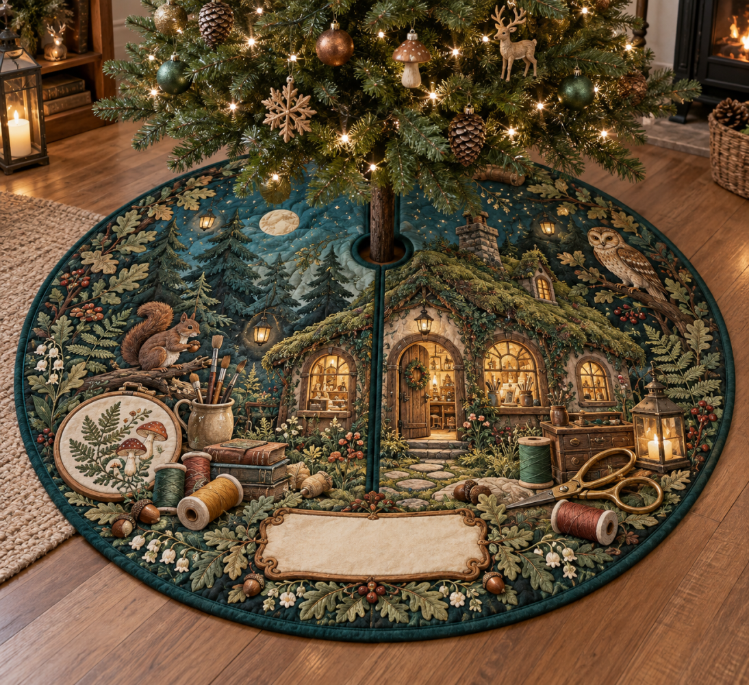 Woodland Cottage Maker Studio Tree Skirt — Crafty Rustic Christmas Skirt For Creative Spaces, Reversible & Floor-Safe Design