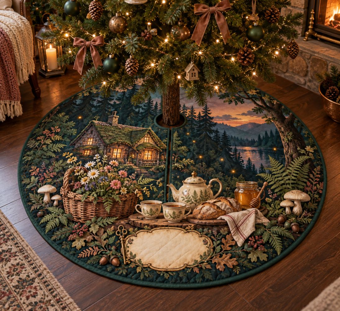 Woodland Cottage Host Thank You Tree Skirt — Rustic Thankful Motif Holiday Skirt, Reversible & Durable For Guest-Ready Living Rooms