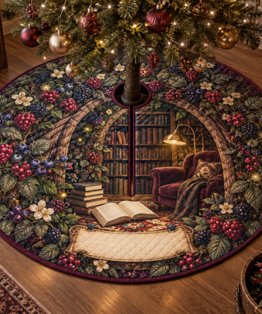 Wild Berry Bramble Reading Nook Tree Skirt — Cozy Berry Print Holiday Skirt For Book Nooks, Reversible & Protective Backing