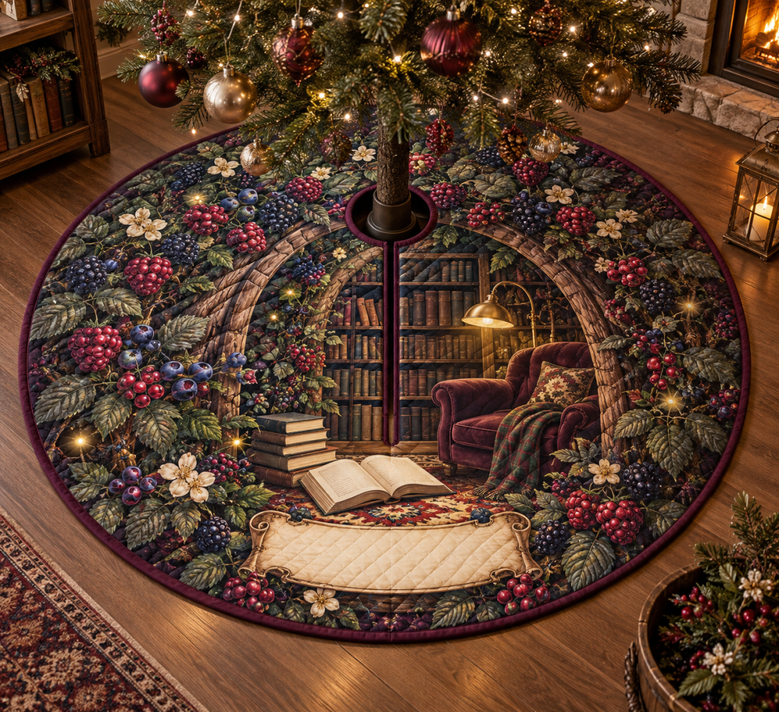 Wild Berry Bramble Reading Nook Tree Skirt — Cozy Berry Print Holiday Skirt For Book Nooks, Reversible & Protective Backing