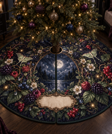 Wild Berry Bramble Moonlight Tree Skirt — Dramatic Berry & Dark Foliage Holiday Skirt, Plush Reversible Design For Statement Trees