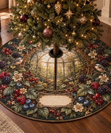 Wild Berry Conservatory Christmas Tree Skirt — Luxurious Berry & Greenery Print, Reversible Holiday Floor Mat For Bright Sunrooms