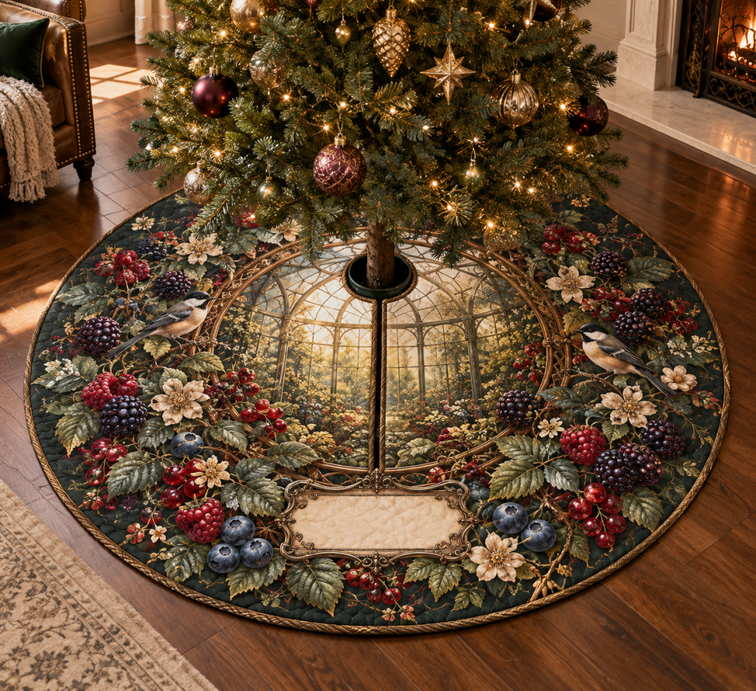 Wild Berry Conservatory Christmas Tree Skirt — Luxurious Berry & Greenery Print, Reversible Holiday Floor Mat For Bright Sunrooms